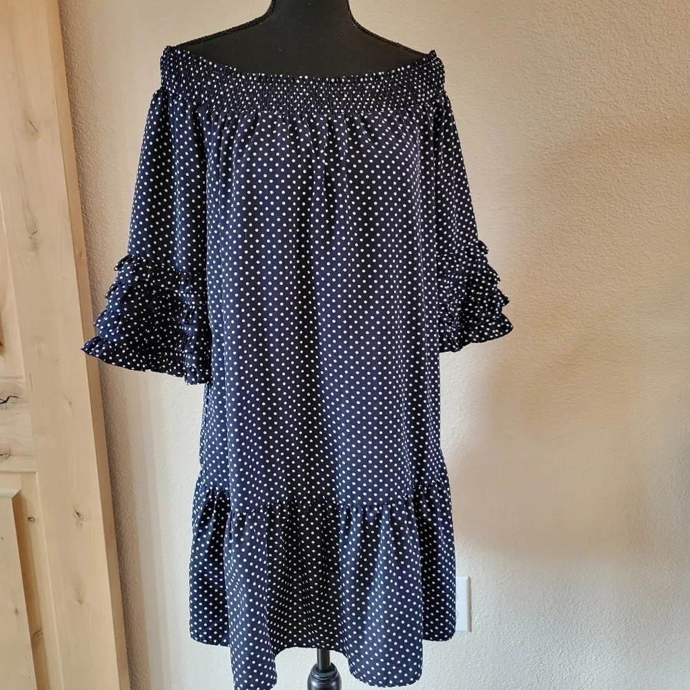 🔥 (5for$35) ANTHRO ANDREE BY UNIT Off the Shoulder Navy Blue Polka-dot Dress